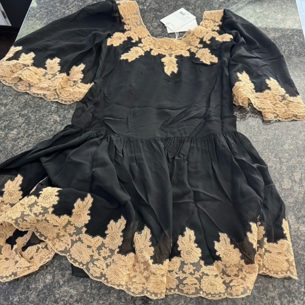 Bode Marisel Dress Black Natural Lace Applique Mini Drop Waist WRS25DR022 XS New - Picture 10 of 10